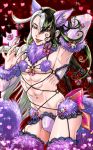  1boy abs animal_ears arm_behind_head ashiya_douman_(fate) ass asymmetrical_hair bell black_eyes black_hair bulge contrapposto cowboy_shot curly_hair dangerous_beast earrings fate/grand_order fate_(series) green_nails hair_bell hair_between_eyes hair_intakes hair_ornament halloween halloween_costume head_tilt heart heart-shaped_pupils jewelry long_hair magatama magatama_earrings male_focus mash_kyrielight midriff multicolored_hair navel revealing_clothes rozu_(serokichi) shikigami solo stomach symbol-shaped_pupils tail thighs toned toned_male tongue tongue_out two-tone_hair very_long_fingernails very_long_hair white_hair wolf_boy wolf_ears wolf_tail 