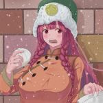  alternate_costume baozi braid china_dress chinese_clothes dress eating food fur_hat green_eyes hat hat_ornament hiw5477 hong_meiling long_hair red_hair star_(symbol) star_hat_ornament the_embodiment_of_scarlet_devil touhou twin_braids winter 