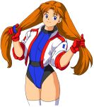  1girl arms_up belt blue_eyes blue_leotard brown_hair bunching_hair commentary_request cropped_jacket french_flag gloves highres jacket leotard long_hair namco numan_athletics oggy red_gloves retro_artstyle sharon_les_halles simple_background smile solo thighhighs thighs twintails very_long_hair white_background white_jacket white_legwear 