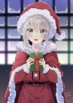  1girl :d absurdres bangs blurry blurry_background blush box capelet chiri_to_mato christmas commentary_request cowboy_shot dated depth_of_field dress earrings eyebrows_visible_through_hair fate_(series) fur-trimmed_headwear fur_trim gift gift_box gray_(lord_el-melloi_ii) green_eyes hair_between_eyes hat highres holding holding_box holding_gift jewelry long_sleeves looking_at_viewer lord_el-melloi_ii_case_files open_mouth red_dress red_headwear santa_costume santa_hat short_hair signature smile solo 
