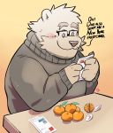  2021 american_black_bear anthro black_bear cute_fangs delivery_bear_service english_text eyewear food fruit glasses hi_res kamui_shirow kermo_(kamui_shirow) kermode_bear male mammal overweight overweight_anthro overweight_male plant simple_background solo text ursid ursine 