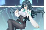  1girl \m/ aqua_eyes bangs belt black_belt black_hair character_name chinese_commentary copyright_name covered_navel floating_hair gundam gundam_build_divers gundam_build_divers_re:rise hair_between_eyes kongshou_qiang_chan_fan long_hair looking_at_viewer may_(gundam_build_divers_re:rise) pointing shrug_(clothing) smile solo 