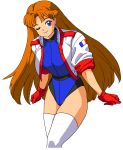  1girl belt blue_eyes blue_leotard brown_hair commentary_request cropped_jacket french_flag gloves highres jacket leotard long_hair namco numan_athletics oggy one_eye_closed red_gloves retro_artstyle sharon_les_halles simple_background smile solo thighhighs thighs very_long_hair white_background white_jacket white_legwear 