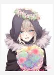  1girl bangs blue_eyes blue_flower blush bouquet cape chiri_to_mato commentary_request cropped_torso dated eyebrows_visible_through_hair fate_(series) flower fur-trimmed_cape fur_trim gray_(lord_el-melloi_ii) grey_background head_wreath highres holding holding_bouquet hood hood_up long_sleeves looking_down lord_el-melloi_ii_case_files open_mouth pink_flower short_hair signature simple_background solo tearing_up upper_body white_background yellow_flower 
