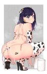  ... 1girl alternate_costume animal_ears animal_print ass back bangs bare_shoulders bikini black_hair blue_eyes blush body_writing boots cheek_bulge cow_ears cow_girl cow_horns cow_print cow_tail cum cum_in_cup cum_in_glass cum_in_mouth cum_on_ass cum_on_body cum_string cumdrip ear_tag elbow_gloves eyebrows_visible_through_hair from_behind gloves high_heels highres horns kagto_(alterna) long_hair looking_at_viewer looking_back overflow shoulder_blades simple_background solo speech_bubble squatting ssss.gridman steam sweat swimsuit tail takarada_rikka thigh_boots thighhighs thong_bikini 