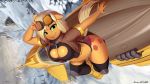 anthro anthrofied applejack_(mlp) blonde_hair breasts cleavage_cutout clothed clothing cutie_mark discordthege equid equine eyewear female friendship_is_magic fur goggles green_eyes hair hasbro hi_res hoverbike mammal midriff my_little_pony navel orange_body orange_fur outside solo tongue tongue_out 