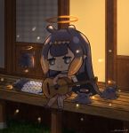  1girl :3 =_= backlighting black_eyes black_hair blush bright_pupils chibi detached_sleeves english_commentary guitar halo highres hololive hololive_english instrument music ninomae_ina&#039;nis open_mouth playing_instrument pointy_ears shiina_rei single_detached_sleeve single_thighhigh sitting sleeping smile solo_focus tako_(ninomae_ina&#039;nis) thighhighs virtual_youtuber white_pupils 