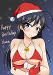  1girl ahoge alternate_costume bad_id bad_twitter_id bangs bell bikini black_eyes black_hair blush breasts character_name christmas cleavage closed_mouth covered_nipples crossed_arms english_text eyebrows_visible_through_hair girls_und_panzer gloves happy_birthday hat head_tilt isuzu_hana izumi_(izumi_p) jewelry large_breasts long_hair looking_at_viewer necklace night red_bikini red_gloves red_headwear santa_bikini santa_gloves santa_hat skindentation smile snow solo string_bikini swimsuit upper_body 