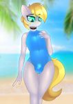  anthro beach blonde_hair blue_eyes bulge choker clothing collar cutting_chipset equid equine fan_character hair hasbro hi_res horse jewelry looking_down male mammal my_little_pony necklace one-piece_swimsuit palm_tree plant pony pose seaside solo swimwear tree wet wide_hips xorza 