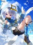  1girl amane_kanata angel angel_wings blue_bow blue_sky boots bow cloud day falling_feathers floating frilled_shorts frills hand_up high_collar highres hololive inari_(ambercrown) knees_up looking_at_viewer medium_hair multicolored_hair outdoors purple_eyes shorts silver_hair sky sock_garters socks solo streaked_hair virtual_youtuber wings 