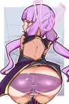  1girl absurdres ass back backless_outfit bangs bare_back closed_mouth cowboy_shot cum cum_on_ass cum_on_clothes eyebrows_visible_through_hair from_behind frown highres long_hair looking_at_viewer looking_back low_twintails outline panties purple_eyes purple_hair purple_legwear purple_panties solo striped striped_legwear tenkasu_(aster4545) thigh_gap thighhighs thighs twintails twitter_username underwear vertical-striped_legwear vertical_stripes very_long_hair vocaloid voiceroid white_outline yuzuki_yukari yuzuki_yukari_(mu) 