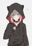  1girl absurdres animal_ears bangs black_choker black_hoodie blush chiri_to_mato choker closed_mouth collarbone commentary_request dated eyebrows_visible_through_hair fake_animal_ears fate_(series) gray_(lord_el-melloi_ii) green_eyes grey_background grey_hair hair_between_eyes hand_up highres hood hood_up hoodie long_sleeves looking_at_viewer lord_el-melloi_ii_case_files short_hair signature silver_hair simple_background solo upper_body 
