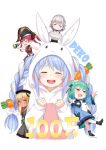  5girls absurdres animal_ears atg_(wttoo0202) bangs blue_hair blush braid bunny_ears bunny_pajamas carrot_hair_ornament chibi chibi_inset clenched_hands closed_eyes food_themed_hair_ornament hair_ornament highres hikimayu hololive hololive_fantasy houshou_marine long_hair multicolored_hair multiple_girls onesie open_mouth pajamas rabbit_girl shiranui_flare shirogane_noel short_eyebrows simple_background smile solo_focus swept_bangs twin_braids two-tone_hair upper_body upper_teeth uruha_rushia usada_pekora virtual_youtuber white_background white_hair 