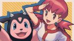  1girl :d arm_up arms_up bangs blue_eyes border breasts buttons commentary diagonal_stripes drop_shadow gen_2_pokemon gym_leader hair_ornament hairclip happy highres looking_at_viewer miltank open_mouth orange_background outside_border outstretched_arms pink_eyes pink_hair pokemon pokemon_(creature) pokemon_(game) pokemon_hgss salute sayshownen shirt short_sleeves smile striped striped_background twitter_username upper_body watermark white_shirt whitney_(pokemon) wristband 
