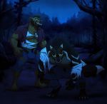  after_transformation anthro bulge canid canine canis clothing duo fangs forest male mammal mid_transformation neonumbrella night outside plant species_transformation torn_clothing transformation tree ursid were werecanid werecanine werewolf wolf 