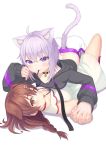  2girls absurdres animal_collar animal_ears atg_(wttoo0202) black_hoodie blush brown_hair cat_ears cat_girl cat_tail closed_mouth collar crop_top dog_ears dog_girl dress food full_body girl_on_top highres holding_hands hololive hood hoodie interlocked_fingers inugami_korone long_sleeves looking_at_viewer midriff multiple_girls nekomata_okayu pocky pocky_kiss purple_hair simple_background tail virtual_youtuber white_background white_dress 