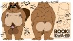  2021 absurd_res anthro balls belly big_balls big_butt booki_(character) brown_body brown_fur butt canid canine cute_fangs el_booki english_text fur genitals hi_res male mammal model_sheet moobs nipples overweight overweight_anthro overweight_male penis raccoon_dog simple_background solo tanuki text 