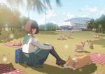  animal bibido blush brown_eyes brown_hair building clouds dog grass kneehighs original park school_uniform short_hair signed skirt sky tree 