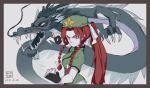  1girl alternate_costume beret blue_eyes braid china_dress chinese_clothes dragon dress eastern_dragon fingerless_gloves gloves hat hat_ornament highres hong_meiling long_hair red_hair skip_screw star_(symbol) star_hat_ornament the_embodiment_of_scarlet_devil touhou twin_braids 
