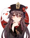  1girl :3 =_= artist_name bangs black_headwear black_nails black_shorts blush brown_hair chinese_clothes eyebrows_visible_through_hair fang film_grain flower genshin_impact ghost gradient_hair hair_between_eyes hair_ribbon hand_on_own_chin hat hat_flower highres hu_tao jewelry long_hair long_sleeves looking_at_viewer multicolored_hair red_eyes red_flower red_hair ribbon ring shorts simple_background smile solo star-shaped_pupils star_(symbol) symbol-shaped_pupils tana_(tanabio) tassel twitter_username wide_sleeves 