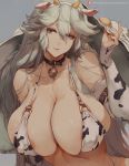  1girl animal_print areola_slip areolae bare_shoulders bell bell_collar belt_collar bikini collar collarbone cow_horns cow_print cowbell cutesexyrobutts elbow_gloves gloves granblue_fantasy highres horns light_smile long_hair magisa_(granblue_fantasy) parted_lips print_bikini purple_eyes silver_hair skindentation solo swimsuit very_long_hair 