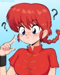  1girl :s ? afrobull bangs blue_background blue_eyes blush braid chinese_clothes closed_mouth confused cum cum_string eyebrows_visible_through_hair facial genderswap genderswap_(mtf) inspecting long_hair patreon_username ranma-chan ranma_1/2 red_hair saotome_ranma short_sleeves simple_background single_braid solo tangzhuang upper_body watermark web_address wristband 