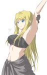  1girl armpits bangs bare_shoulders black_clothes black_gloves blonde_hair blue_eyes breasts closed_mouth earrings eyebrows_visible_through_hair fullmetal_alchemist gloves hand_up highres jewelry long_hair looking_at_viewer midriff mitsugu navel simple_background smile strapless stretch very_long_hair white_background winry_rockbell 