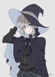  1girl absurdres alternate_costume arm_up artist_name bangs black_cape black_headwear black_skirt black_sweater blush cape chiri_to_mato closed_mouth commentary_request cowboy_shot eyebrows_visible_through_hair fate_(series) gray_(lord_el-melloi_ii) green_eyes grey_background grey_skirt hand_on_headwear hat highres long_sleeves looking_at_viewer lord_el-melloi_ii_case_files plaid plaid_skirt pleated_skirt short_hair simple_background skirt smile solo sweater witch_hat 