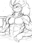  abs biceps dragon drum_bunker_dragon future_card_buddyfight hair horn hot_spring humanoid_hands long_hair looking_away looking_up male muscular muscular_male nipples nude partially_submerged pecs scalie simple_background sketch sketch_page smile solo taking_a_bath teeth water winick-lim 