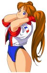  1girl arms_up belt blue_eyes blue_leotard brown_hair commentary_request cropped_jacket french_flag gloves highres jacket leotard long_hair namco numan_athletics oggy red_gloves retro_artstyle sharon_les_halles simple_background smile solo thighs twintails very_long_hair white_background white_jacket 