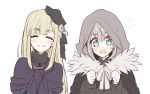  2girls :d bangs black_cape black_capelet black_headwear black_ribbon blonde_hair blush blush_stickers cape capelet chiri_to_mato clenched_hands closed_eyes closed_mouth commentary_request eyebrows_visible_through_hair facing_viewer fate_(series) flying_sweatdrops fur_collar fur_trim gray_(lord_el-melloi_ii) green_eyes grey_hair hair_between_eyes hair_ornament hair_ribbon hands_up hat highres hood hood_up jacket long_hair long_sleeves lord_el-melloi_ii_case_files multiple_girls open_mouth reines_el-melloi_archisorte ribbon simple_background sketch smile sweatdrop upper_body white_background 