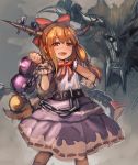 1girl :d blonde_hair blush bow bow_(bhp) bowtie chain crossover cuffs drooling drunk gourd hair_bow hand_on_hip horn_bow horns ibuki_suika long_hair looking_at_viewer monster monster_hunter open_mouth purple_skirt rajang red_bow red_eyes red_neckwear short_sleeves skirt smile standing touhou 