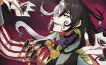  1boy ashiya_douman_(fate) asymmetrical_clothes asymmetrical_hair bell black_eyes black_hair curly_hair earrings fangs fate/grand_order fate_(series) fingernails green_eyeshadow green_kimono green_lipstick green_nails hair_bell hair_between_eyes hair_intakes hair_ornament hands_up japanese_clothes jewelry kimono lipstick long_hair looking_to_the_side magatama magatama_earrings makeup male_focus multicolored_hair open_clothes open_kimono ribbed_sleeves sharp_fingernails shikigami smile solo toned toned_male two-tone_hair upper_body very_long_fingernails very_long_hair white_hair yosimurarisa 