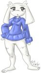  2007 anthro ben_hurr black_eyes blue_clothing blue_sweater blue_topwear blush bottomless breasts cave_story clothed clothing digital_drawing_(artwork) digital_media_(artwork) eyebrows eyelashes featureless_crotch feet female fingers floppy_ears front_view full-length_portrait fur fur_tuft grey_outline head_tuft lagomorph leg_tuft looking_at_viewer lop_ears low_res mammal mimiga open_mouth outline partially_clothed portrait pose simple_background small_breasts solo standing standing_position sue_sakamoto sweater thin_eyebrows toes topwear tuft video_games white_body white_ears white_fur 