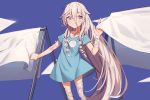  1girl absurdres bandaged_arm bandaged_leg bandages blanket blue_eyes blue_shirt braid cio_hakatano commentary cowboy_shot grin highres ia_(vocaloid) laundry_pole long_hair platinum_blonde_hair shirt sky smile solo standing twin_braids very_long_hair vocaloid 