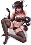  1girl bare_shoulders beidou_(genshin_impact) black_hair black_legwear breasts bust_cup chinese_clothes cleavage cleavage_cutout clothing_cutout crossed_legs cup dandon_fuga eyepatch fingerless_gloves fur_trim genshin_impact gloves gourd highres large_breasts leaning_back long_hair navel panties seductive_smile sitting smile solo spread_legs teacup thick_thighs thighhighs thighs underwear 