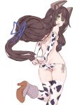  1girl alternate_costume animal_print arms_behind_back ass bangs bikini black_hair cow_print elbow_gloves from_behind gloves green_eyes hair_between_eyes hair_ribbon head_tilt headgear high_heels highres i-47_(kantai_collection) kantai_collection leg_up long_hair low-tied_long_hair open_mouth ribbon ryo_(tg290) side-tie_bikini sidelocks simple_background solo swimsuit thighhighs tress_ribbon white_background 
