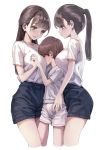  1boy 2girls bangs between_breasts blush breast_smother breasts brown_hair bulge closed_eyes face_to_breasts girl_sandwich gym_uniform head_between_breasts height_difference highres holding_hands koh_(minagi_kou) looking_down multiple_girls original ponytail sandwiched shirt shorts sidelocks sweat thighs white_shirt 