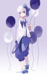  1girl absurdres balloon blue_bow blue_footwear blue_pants bow full_body hair_bow highres looking_at_viewer natsu-no-kamisama off-shoulder_shirt off_shoulder original pants purple_eyes purple_theme shirt shoes short_hair short_sleeves solo standing suspenders white_hair white_shirt 