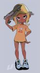  1girl black_shorts blonde_hair blue_footwear closed_mouth commentary dark_skin dolphin_shorts full_body grey_background holding holding_weapon imaikuy0 looking_at_viewer makeup mascara medium_hair n-zap_(splatoon) octoling panties print_shirt shirt shoes short_shorts short_sleeves shorts side-tie_panties silver_eyes sneakers solo splatoon_(series) splatoon_2 standing suction_cups symbol_commentary t-shirt tentacle_hair tulip_hat underwear weapon yellow_headwear 