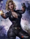  1girl absurdres arched_back belt black_bodysuit black_widow blonde_hair bodysuit breasts cleavage collar curvy dual_wielding ear_piercing firing gun highres holding large_breasts logan_cure looking_at_viewer marvel natasha_romanoff piercing realistic short_hair thick_lips thick_thighs thighs tight unzipped weapon zipper 