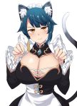  1girl :&gt; alternate_costume animal_ear_fluff animal_ears apron black_dress blue_hair blush breasts cat_ears cat_girl cat_tail claw_pose cleavage dress enmaided genderswap genderswap_(mtf) genshin_impact hair_ornament highres hinghoi kemonomimi_mode large_breasts long_sleeves looking_at_viewer maid maid_headdress orange_eyes short_hair simple_background solo tail waist_apron white_background xingqiu_(genshin_impact) 