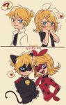  1boy 1girl ;) ;d ? adrien_agreste adrien_agreste_(cosplay) animal_ears back-to-back bell black_bodysuit blonde_hair blue_eyes blue_sclera blush bodysuit cat_boy cat_ears catsuit chat_noir chat_noir_(cosplay) colored_sclera commentary cosplay crossed_arms domino_mask hair_ornament hairclip hand_on_another&#039;s_shoulder hand_on_hip hands_on_own_cheeks hands_on_own_face heart highres kagamine_len kagamine_rin ladybug_(character) ladybug_(character)_(cosplay) looking_at_another looking_at_viewer marinette_dupain-cheng marinette_dupain-cheng_(cosplay) mask miraculous_ladybug nervous one_eye_closed open_mouth polka_dot pout short_ponytail smile spoken_heart spoken_question_mark translated ukata vocaloid 