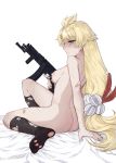  1girl arm_support ass bandaid bed_sheet blonde_hair blue_eyes blush breasts closed_mouth commentary from_side full_body girls_frontline gun hair_ornament hairclip highres holding holding_gun holding_weapon long_hair low-tied_long_hair nipples nude pp-19-01 pp-19-01_(girls_frontline) simple_background sitting socks solo trigger_discipline very_long_hair weapon white_background zakirsiz 