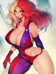  1girl asymmetrical_clothes bare_shoulders blonde_hair bodysuit breasts chara_soon covered_nipples fumio_(rsqkr) gloves gundam gundam_zz highres large_breasts lips long_hair looking_at_viewer makeup mismatched_gloves multicolored_hair nipples purple_gloves red_gloves red_hair red_lips revealing_clothes thighs two-tone_hair wide_hips yellow_eyes 