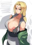  1girl absurdres blonde_hair breasts cleavage disembodied_limb facial_mark forehead_mark highres huge_breasts large_breasts long_hair looking_at_viewer minjong0625_(hello) naruto naruto_(series) nipples simple_background solo sweat tsunade undressing yellow_eyes 