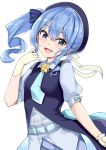  1girl belt beret blue_eyes bow gloves hair_bow hair_ribbon hand_up hat hololive hoshimachi_suisei ky_kosuke long_hair looking_at_viewer necktie open_mouth ribbon ringlets short_sleeves side_ponytail sidelocks simple_background smile solo star_(symbol) star_in_eye symbol_in_eye vest virtual_youtuber wavy_hair white_background white_gloves 