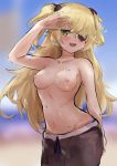  1girl bare_shoulders blonde_hair blush breasts collarbone fischl_(genshin_impact) genshin_impact green_eyes hair_over_one_eye long_hair male_swimwear_challenge navel open_mouth shallow_water_bomb swimsuit twintails 