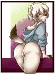  anthro butt clothing corkiicorgii female genitals hair hi_res looking_at_viewer mammal mustela mustelid musteline piercing pink_eyes pussy ring short_hair shye_quinn(character) simple_background solo stoat sweater topwear white_hair 