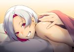  1girl absurdres blanket dyun ear_piercing earrings highres jewelry looking_at_viewer mole mole_under_mouth multicolored multicolored_hair nude original piercing pillow red_eyes red_hair short_hair smile solo steam white_hair 